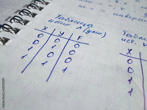 truth and falsity table written on a notebook. side view. the work of the programmer and sisadmida