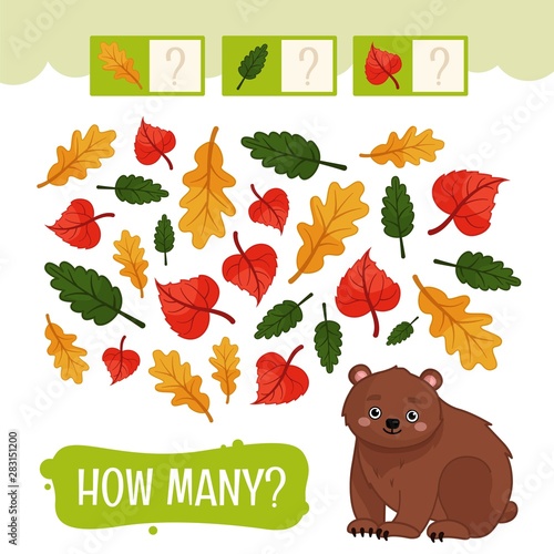 Counting educational children game, math kids activity sheet. How many objects task. Forest animals.