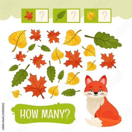 Counting educational children game, math kids activity sheet. How many objects task. Forest animals.