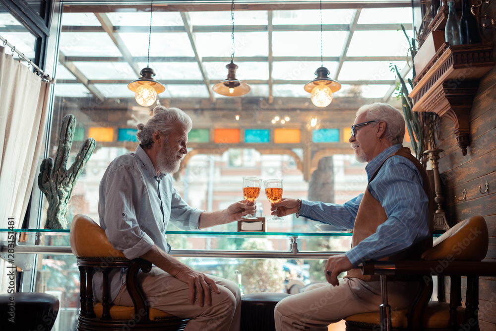 Two retired men clanging their glasses while chilling in pub Two retired men clanging their glasses while chilling in pub