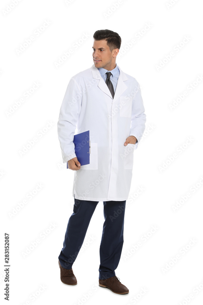 Full length portrait of medical doctor with clipboard isolated on white Full length portrait of medical doctor with clipboard isolated on white