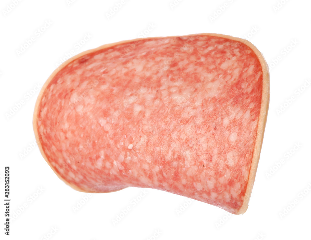 Piece of salami smoked sausage isolated on white