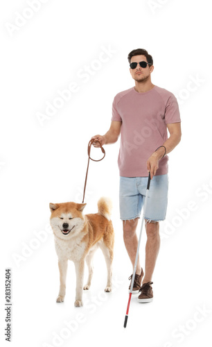 Blind man with walking stick and dog on leash against white background