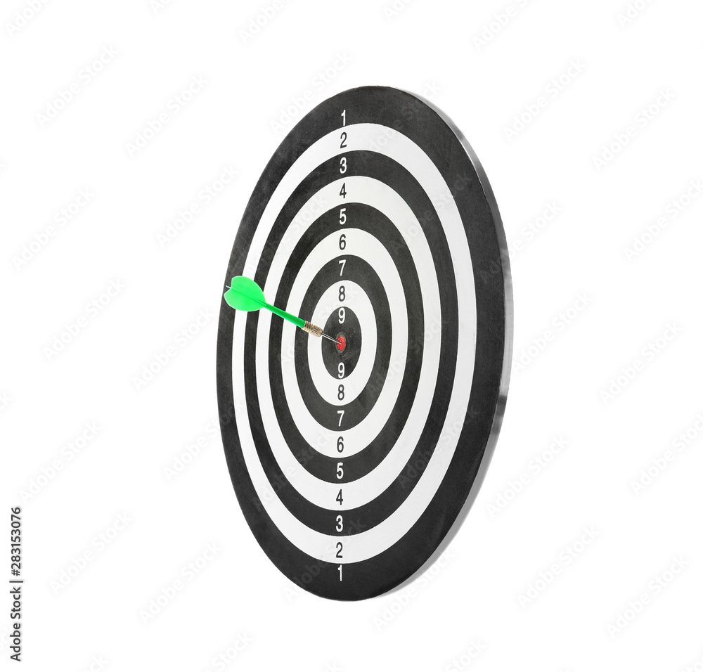 Green arrow hitting target on dart board against white background Green arrow hitting target on dart board against white background
