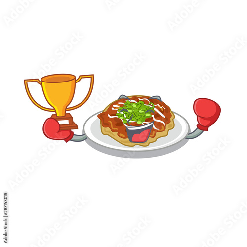 Boxing winner okonomiyaki is served on cartoon plate