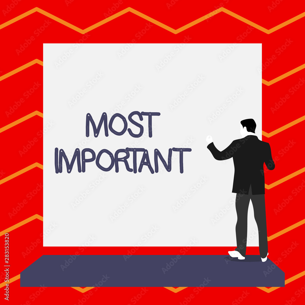 Word writing text Most Important. Business photo showcasing Greatest or highest degree quantity or the like Significant Short hair immature young man stand in front of rectangle big blank board Word writing text Most Important. Business photo showcasing Greatest or highest degree quantity or the like Significant Short hair immature young man stand in front of rectangle big blank board