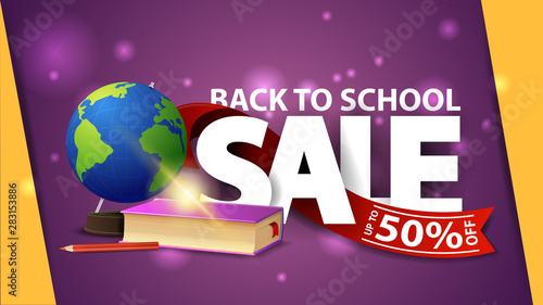 Back to school sale, purple web banner with globe and school textbooks