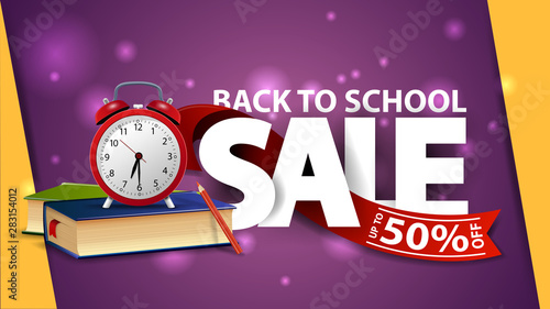 Back to school sale, purple web banner with school books and alarm clock