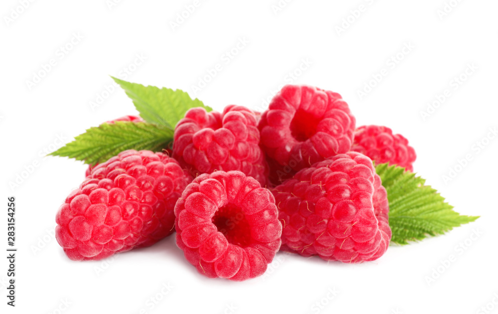 Delicious ripe sweet raspberries with leaves isolated on white Delicious ripe sweet raspberries with leaves isolated on white