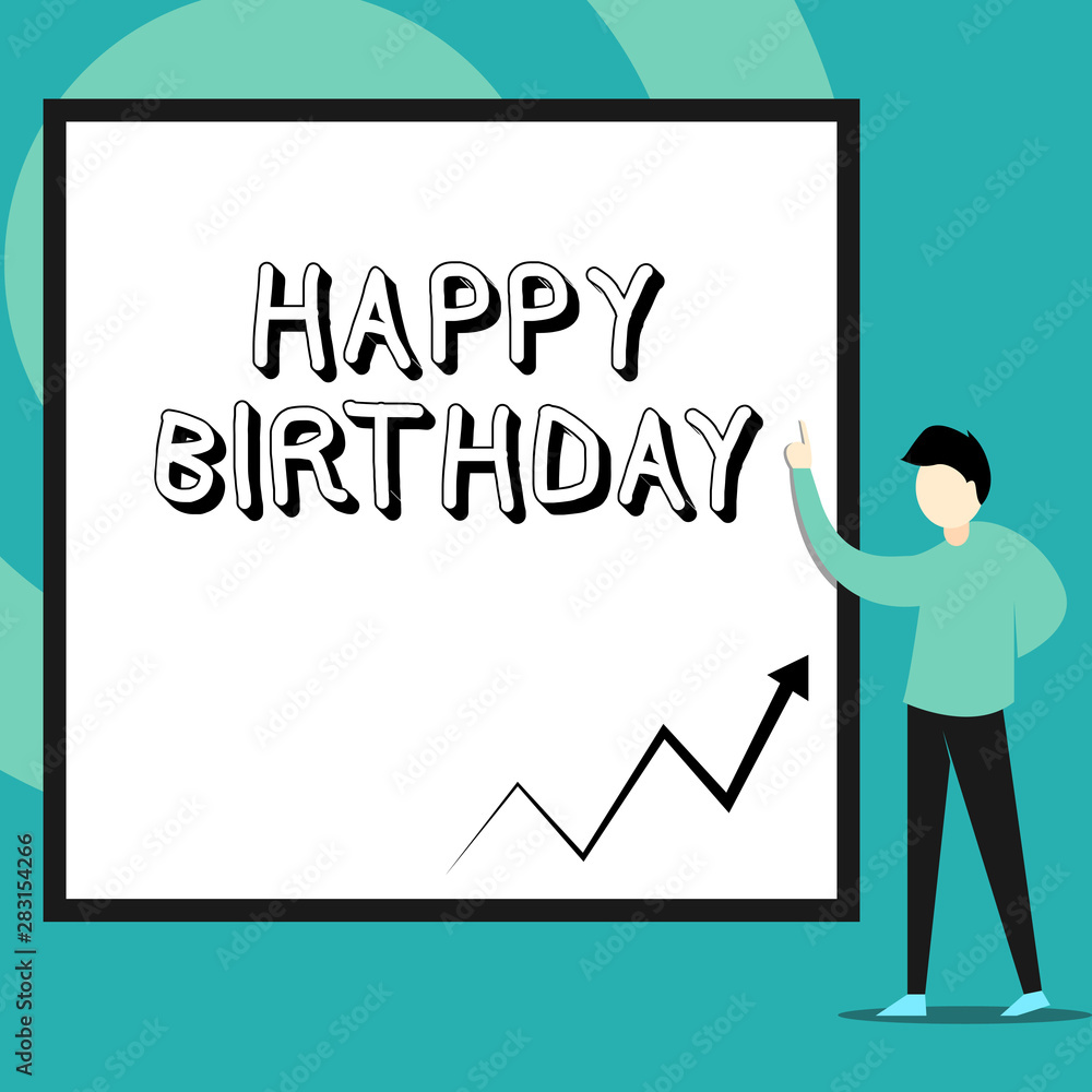 Conceptual hand writing showing Happy Birthday. Concept meaning The birth anniversary of a demonstrating is celebrated with presents Man standing pointing up blank rectangle Geometric background Conceptual hand writing showing Happy Birthday. Concept meaning The birth anniversary of a demonstrating is celebrated with presents Man standing pointing up blank rectangle Geometric background