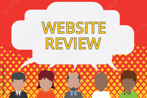 Word writing text Website Review. Business photo showcasing Reviews that can be posted about businesses and services Five different races persons sharing blank speech bubble. People talking © Artur