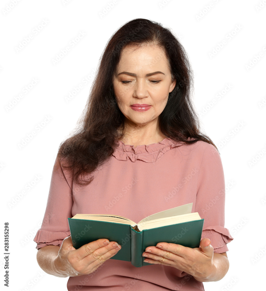Mature woman reading book on white background Mature woman reading book on white background