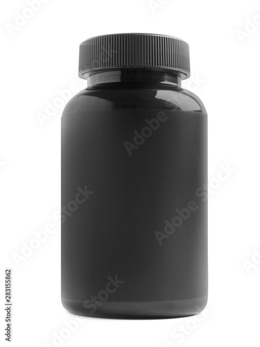 Black jar with protein powder isolated on white
