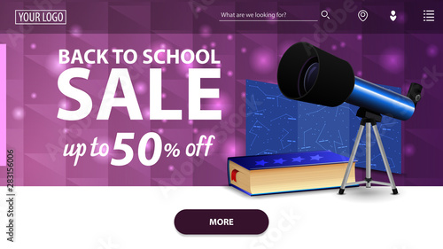Back to school sale, modern purple horizontal web banner with telescope, map of the constellations and the encyclopedia of astronomy