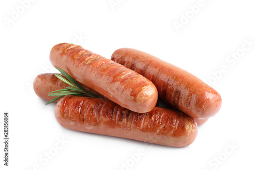Delicious grilled sausages on white background. Barbecue food