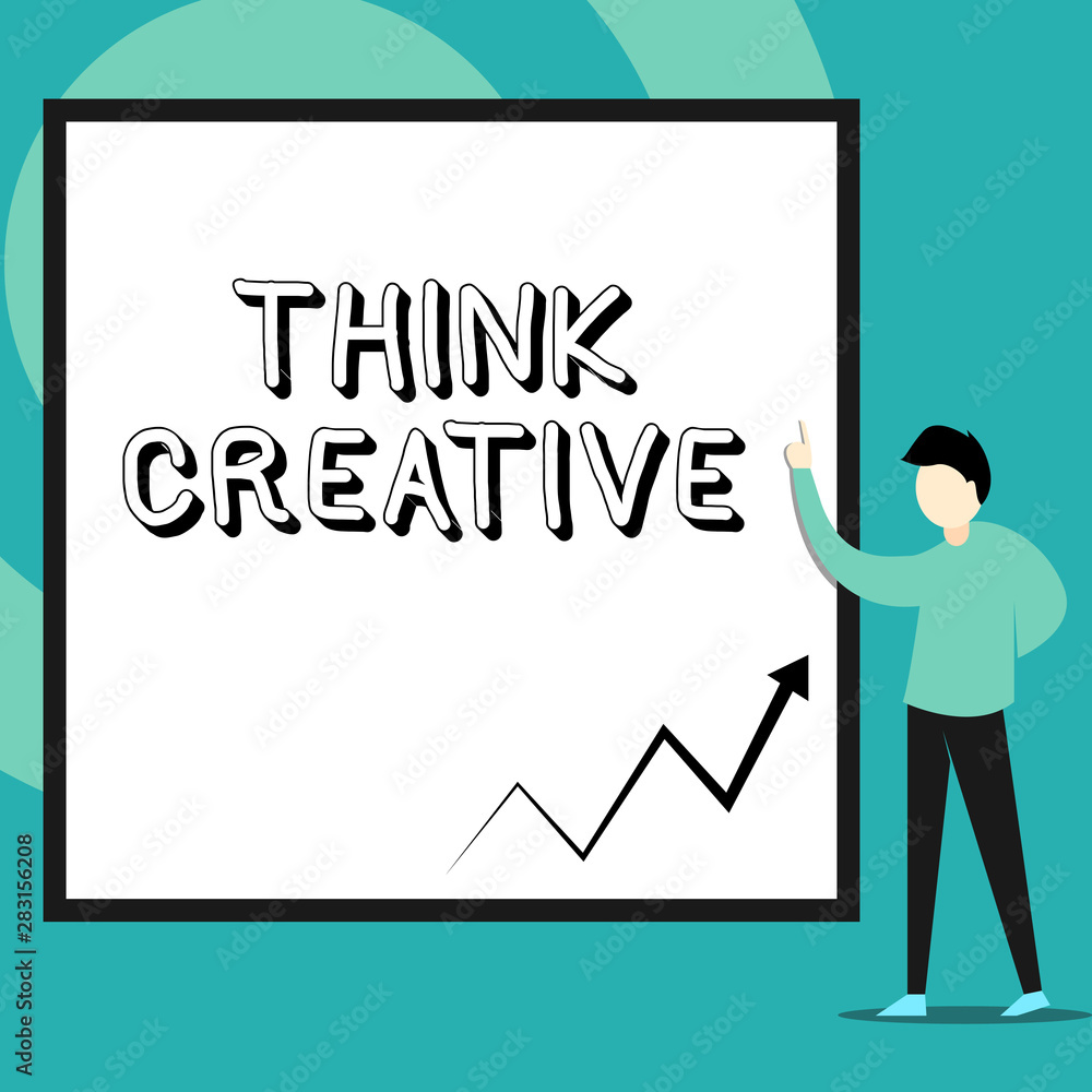 Conceptual hand writing showing Think Creative. Concept meaning The ability to perceive patterns that are not obvious Man standing pointing up blank rectangle Geometric background Conceptual hand writing showing Think Creative. Concept meaning The ability to perceive patterns that are not obvious Man standing pointing up blank rectangle Geometric background