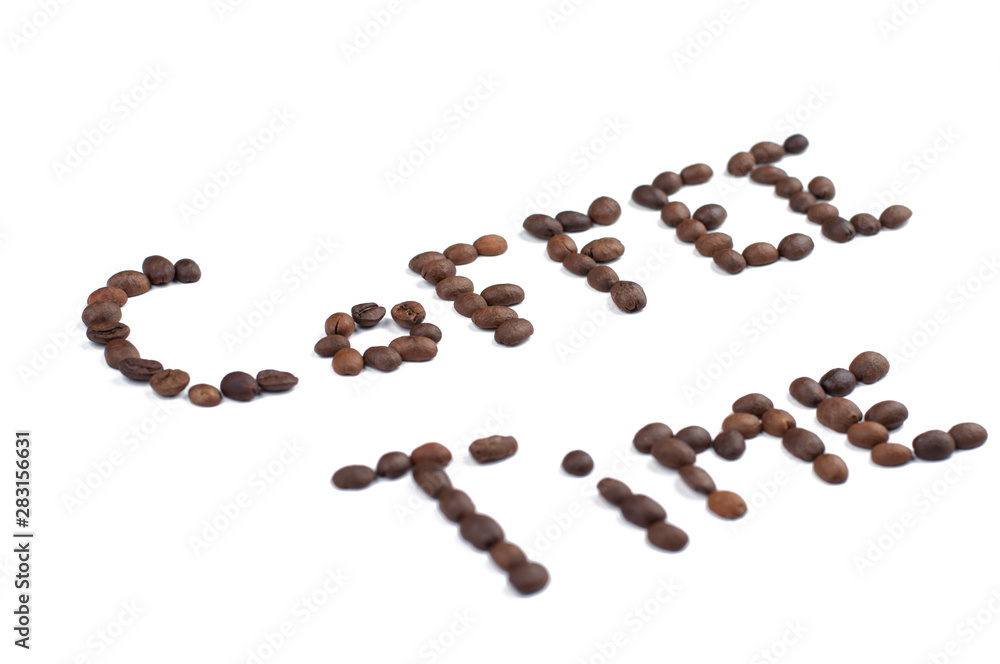 Coffee beans isolated on white background.Coffee time.Copy space Coffee beans isolated on white background.Coffee time.Copy space