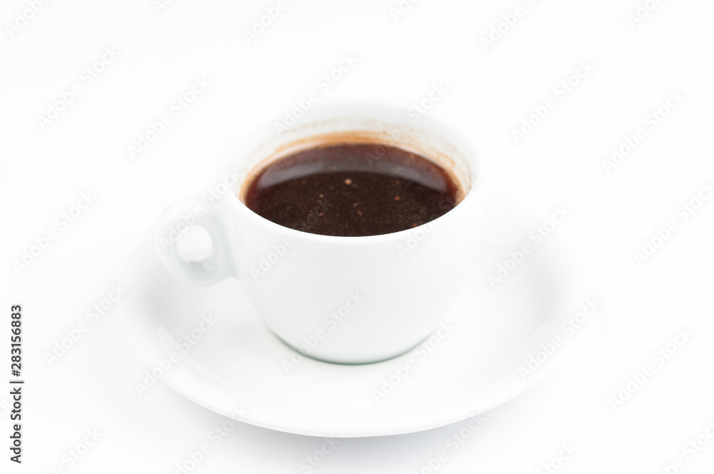 Coffee beans and coffee cup isolated on white background.Coffee time.Copy space. Coffee beans and coffee cup isolated on white background.Coffee time.Copy space.