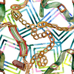 Foto auf Acrylglas Blumen- und Juwelenmuster Ketten- und Ledergürtel skizzieren Mode-Glamour-Illustration im Aquarellstil. Nahtloses Hintergrundmuster.  © LIGHTFIELD STUDIOS