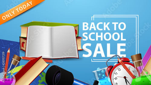 Back to school sale, discount banner with school supplies decor, school textbooks and notebook