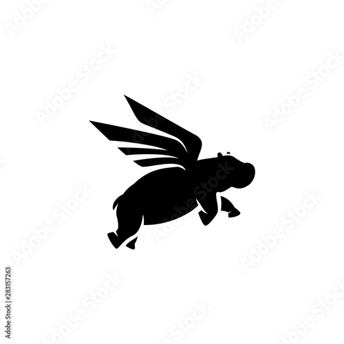 Fly big great hippo have two wings flat logo design template