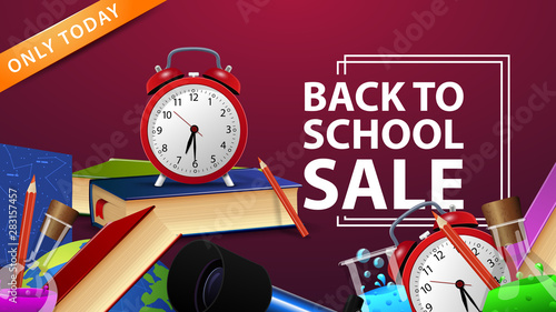 Back to school sale, discount banner with school supplies decor, school books and alarm clock