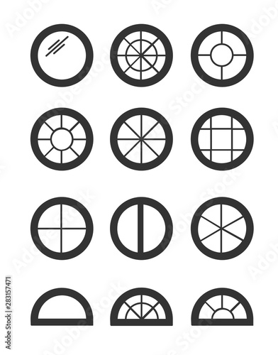 Round & circle window. Casement & awning window frames. Flat icon set. Vector illustration. Isolated objects