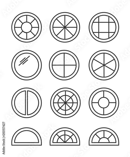 Round & circle window. Casement & awning window frames. Line icon collection. Vector illustration. Isolated objects