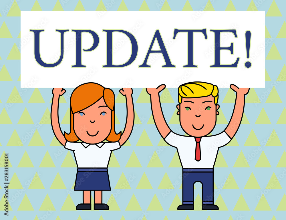 Text sign showing UPDATE. Business photo text make something more modern or up to date like software program Two Smiling People Holding Big Blank Poster Board Overhead with Both Hands Text sign showing UPDATE. Business photo text make something more modern or up to date like software program Two Smiling People Holding Big Blank Poster Board Overhead with Both Hands