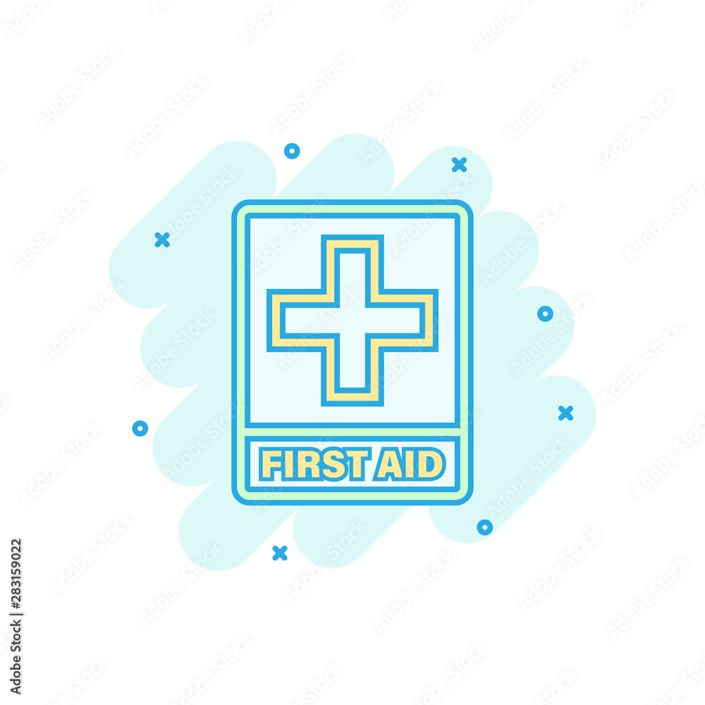 First aid sign icon in comic style. Health, help and medical vector cartoon  illustration on white isolated background. Hospital business concept splash  effect. Stock Vector | Adobe Stock