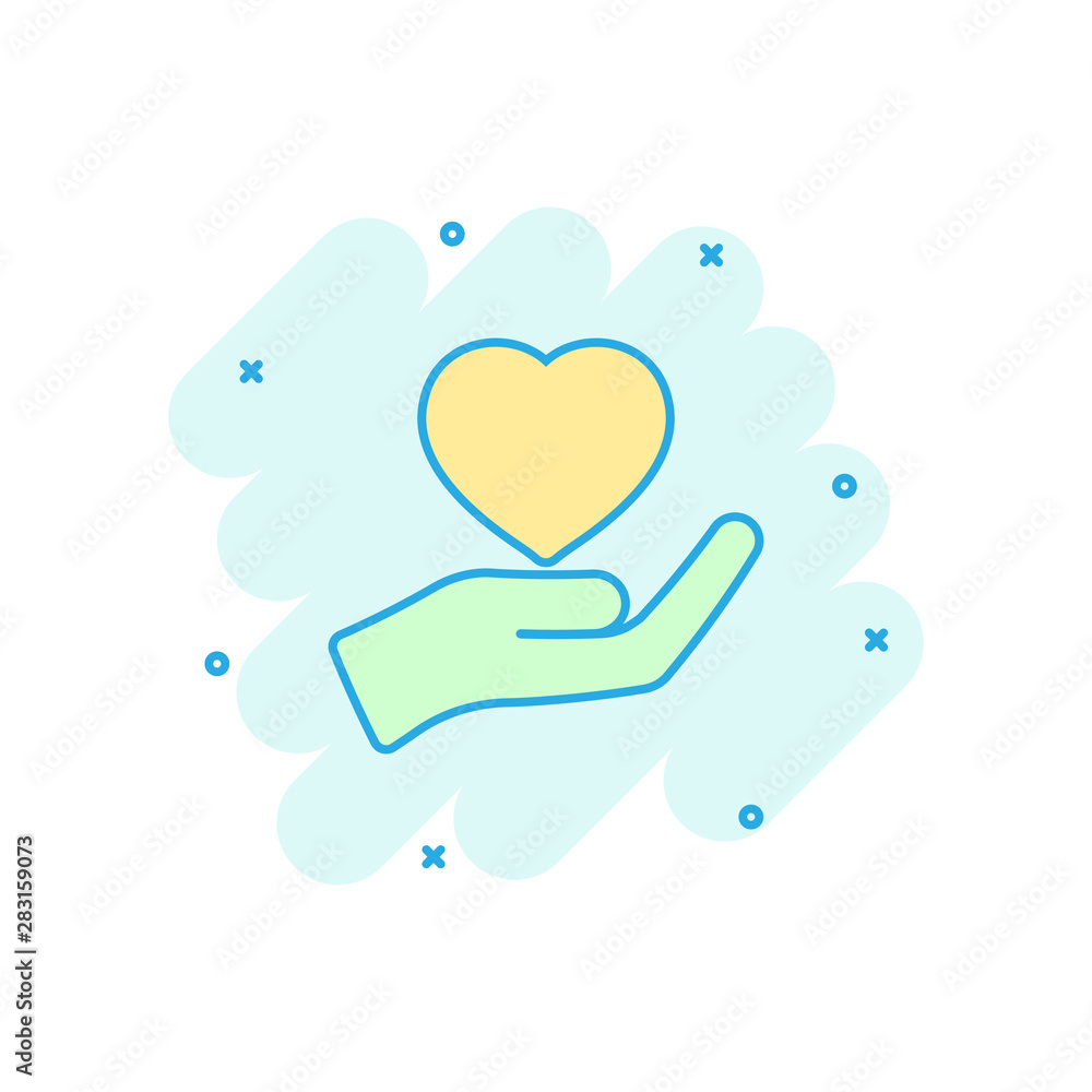 Heart care icon in comic style. Charity vector cartoon illustration on white isolated background. Love in hand business concept splash effect. Heart care icon in comic style. Charity vector cartoon illustration on white isolated background. Love in hand business concept splash effect.