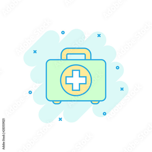 First aid kit icon in comic style. Health, help and medical diagnostics vector cartoon illustration on white isolated background. Doctor bag business concept splash effect.