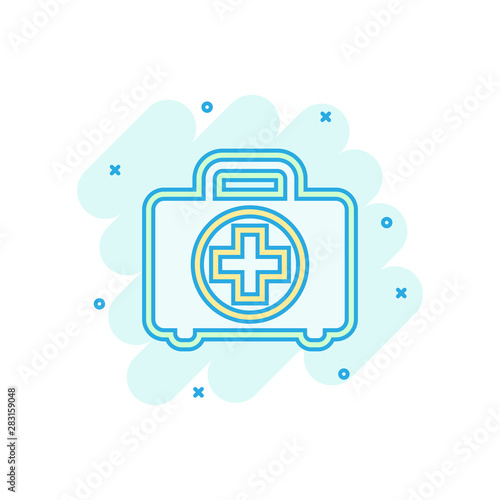 First aid kit icon in comic style. Health, help and medical diagnostics vector cartoon illustration on white isolated background. Doctor bag business concept splash effect.