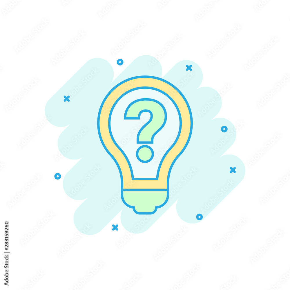 Problem solution icon in comic style. Light bulb idea vector cartoon illustration on white background. Question and answer business concept splash effect. Problem solution icon in comic style. Light bulb idea vector cartoon illustration on white background. Question and answer business concept splash effect.
