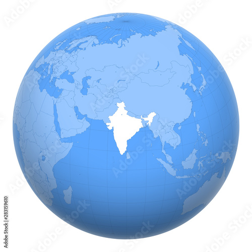 India on the globe. Earth centered at the location of the Republic of India. Map of India. Includes layer with capital cities.