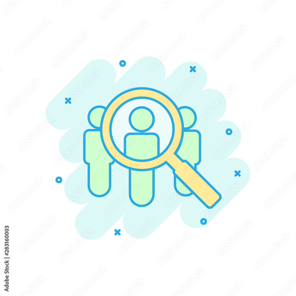 Search job vacancy icon in comic style. Loupe career vector cartoon illustration on white isolated background. Find people employer splash effect business concept. Search job vacancy icon in comic style. Loupe career vector cartoon illustration on white isolated background. Find people employer splash effect business concept.
