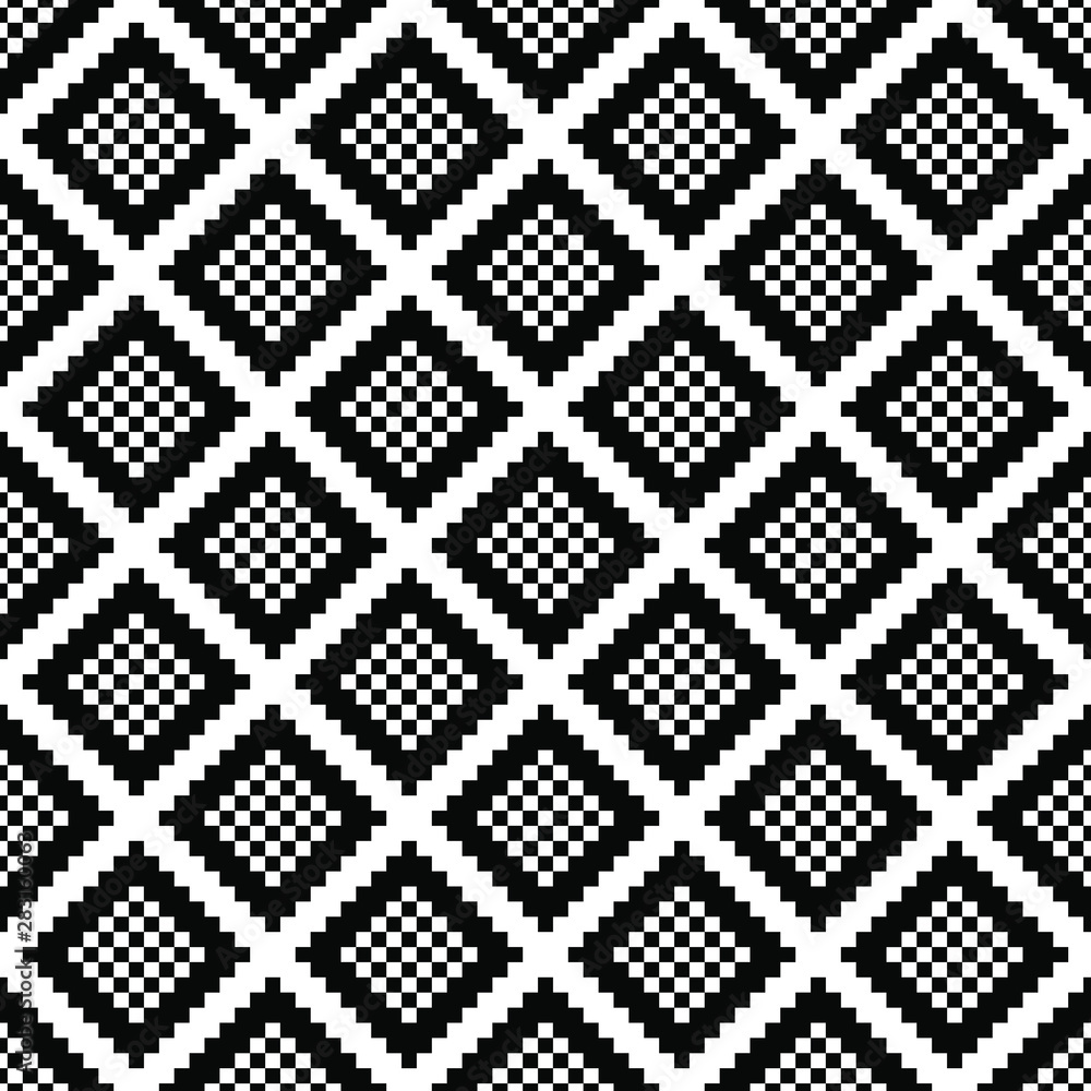 Seamless geometric pattern of black jagged rhombus and white squares.