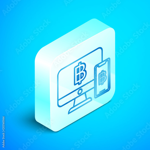 Isometric line Computer monitor with pound sterling symbol icon isolated on blue background. Online shopping concept. Earnings in the Internet. Silver square button. Vector Illustration