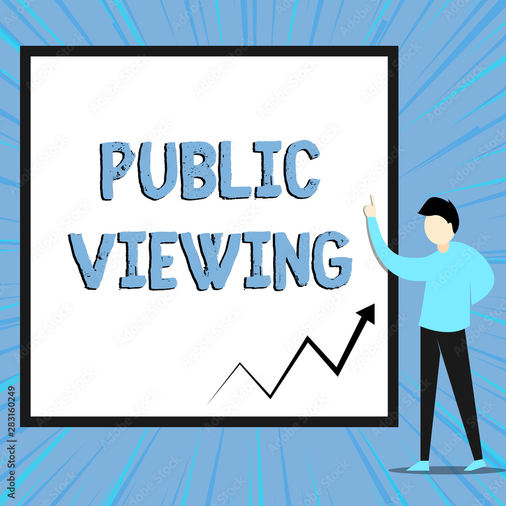 Word writing text Public Viewing. Business photo showcasing Able to be seen or known by everyone Open to general view View young man standing pointing up blank rectangle Geometric background Word writing text Public Viewing. Business photo showcasing Able to be seen or known by everyone Open to general view View young man standing pointing up blank rectangle Geometric background