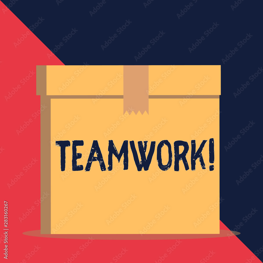 Writing note showing Teamwork. Business concept for combined action of group especially when effective and efficient Close up front view brown cardboard sealed box lid. Blank background Writing note showing Teamwork. Business concept for combined action of group especially when effective and efficient Close up front view brown cardboard sealed box lid. Blank background
