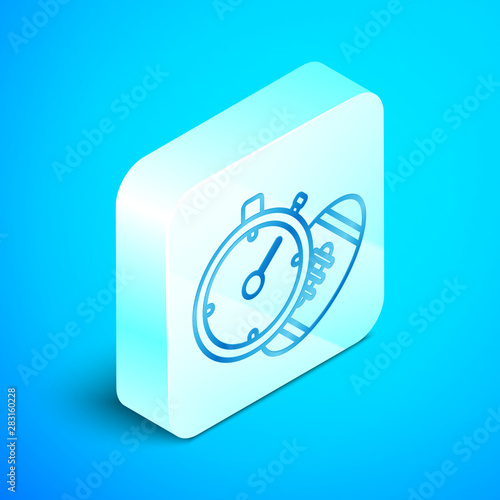 Isometric line American Football ball and stopwatch icon isolated on blue background. Set of sport equipment. Silver square button. Vector Illustration