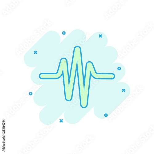 Sound wave icon in comic style. Heart beat vector cartoon illustration on white isolated background. Pulse rhythm splash effect business concept.