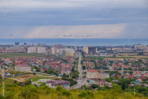 View of Anapa. View of the resort city. The vastness of Russia. Russian southern city. City from above. Many houses .. Buildings and architecture