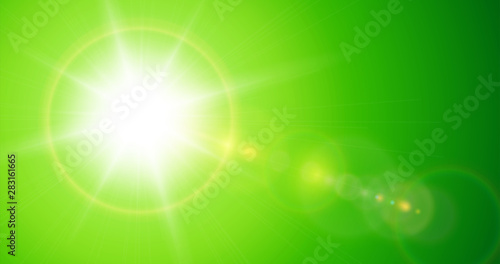 Sun with lens flare, vector nature green background.