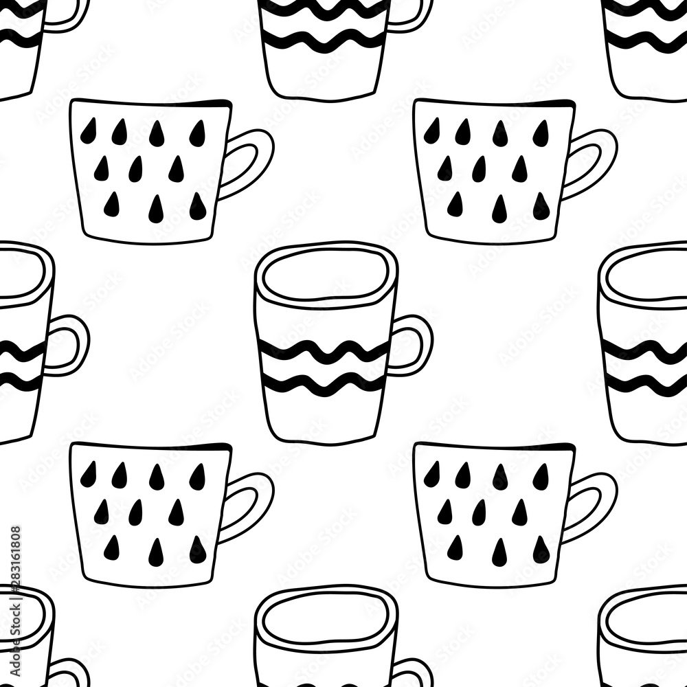 Black and white illustration of tea or coffee mugs. Seamless pattern for coloring book, page. Black and white illustration of tea or coffee mugs. Seamless pattern for coloring book, page.