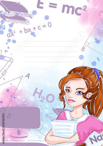 Template for notebook or notepad. Girl student, formulas, inscriptions, elements of educational exercises. Hand drawing, linear style and background with watercolor texture.