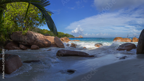 Seychelles, Prale island, Anse Lazio beach panorama