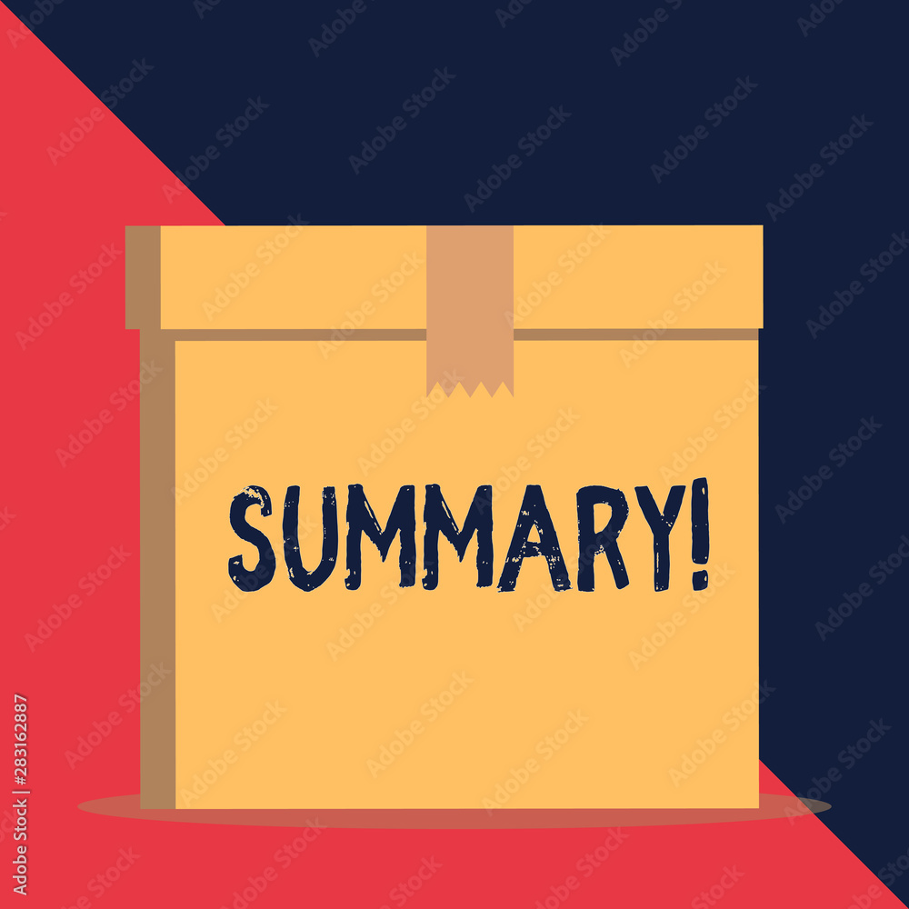 Writing note showing Summary. Business concept for brief statement or account of main points of something subject Close up front view brown cardboard sealed box lid. Blank background Writing note showing Summary. Business concept for brief statement or account of main points of something subject Close up front view brown cardboard sealed box lid. Blank background