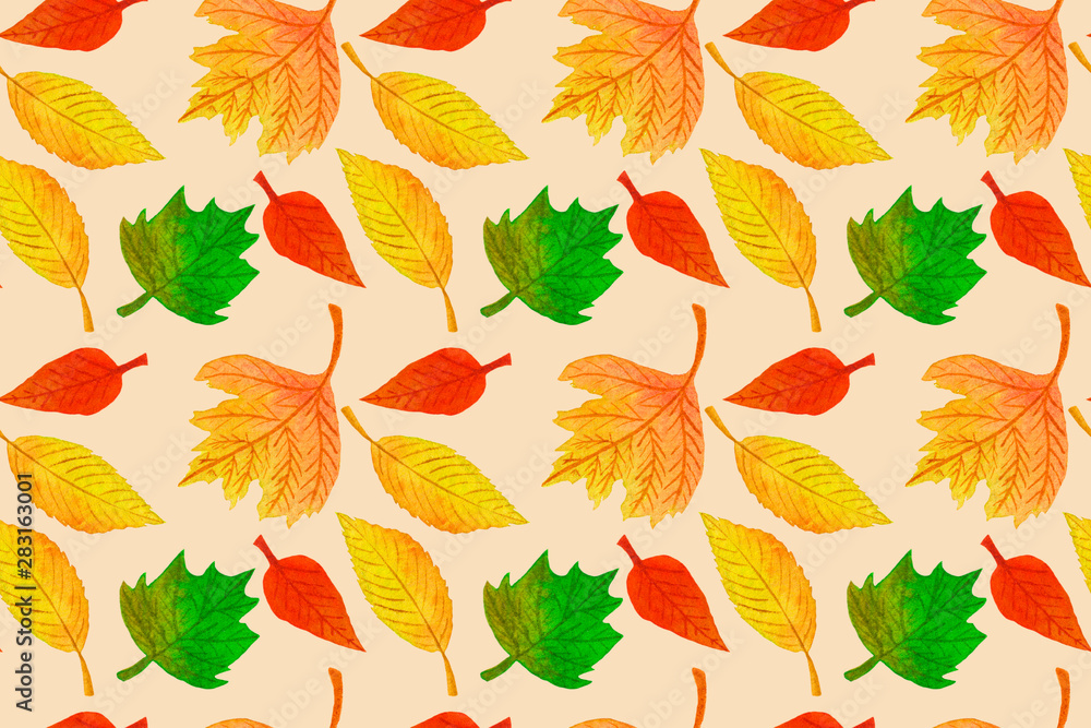 Autumn seamless pattern with colorful leaves. Fall backdrop of yellow, red and green foliage on warm orange background. Hand drawn watercolor illustration. Fabric and textile print template Autumn seamless pattern with colorful leaves. Fall backdrop of yellow, red and green foliage on warm orange background. Hand drawn watercolor illustration. Fabric and textile print template
