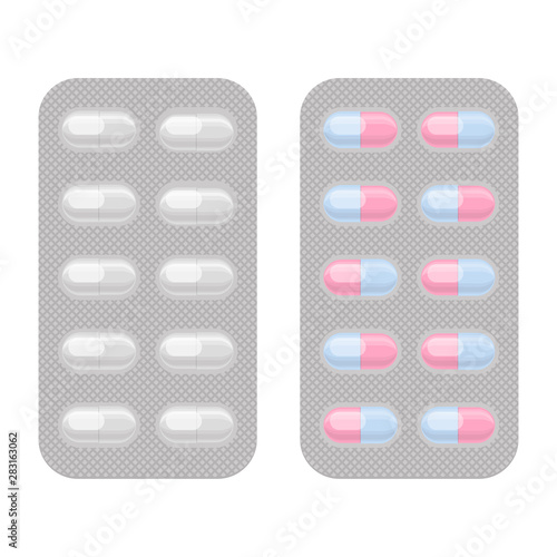 Blister packs capsule pills realistic vector set. Pharmacy isolated monochrome and colorful packagings. Aspirin, antibiotics or painkiller drugs.